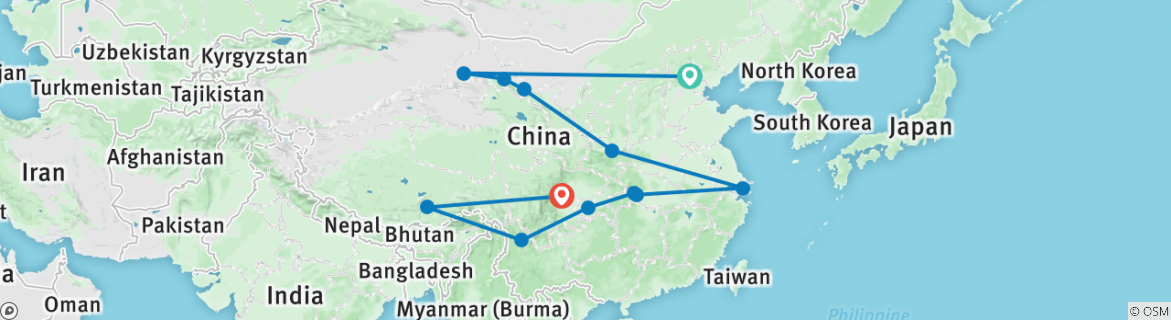 Image of a map showing the route of the tour