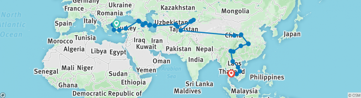 Image of a map showing the route of the tour