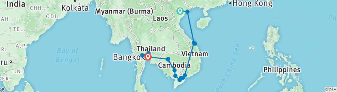 Image of a map showing the route of the tour