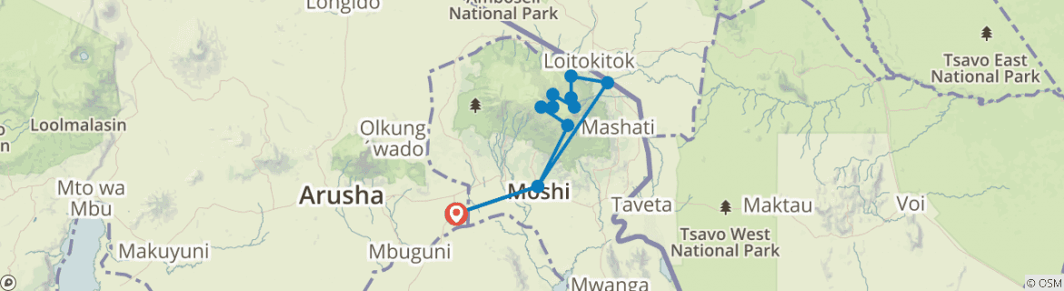 Image of a map showing the route of the tour