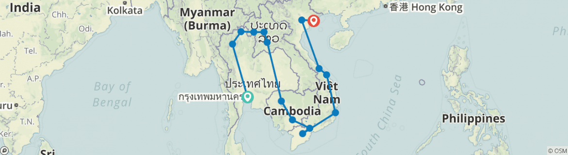 Image of a map showing the route of the tour