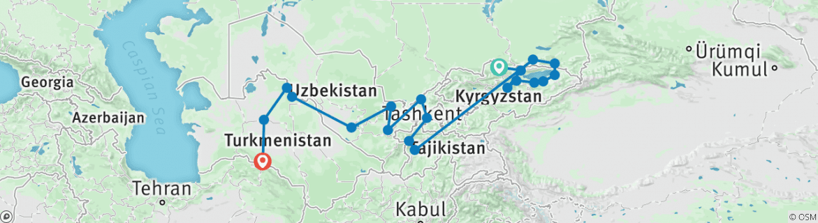 Image of a map showing the route of the tour