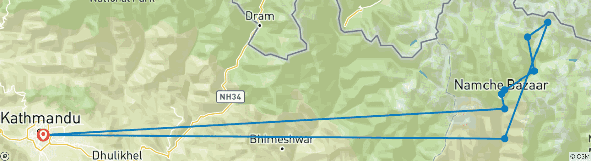 Image of a map showing the route of the tour