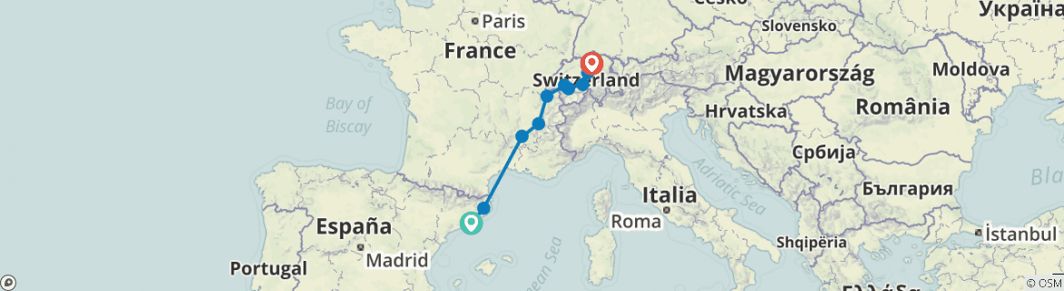 Image of a map showing the route of the tour