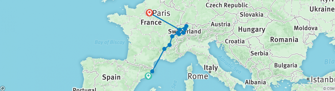 Image of a map showing the route of the tour