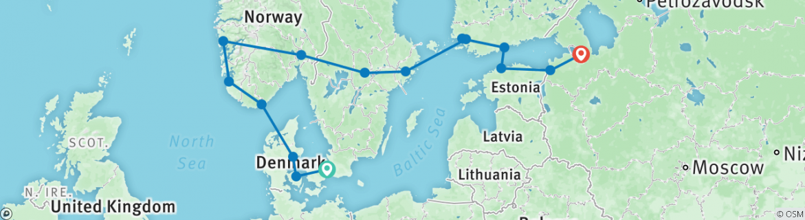 Image of a map showing the route of the tour