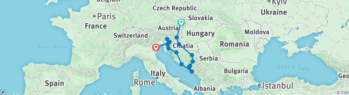 Image of a map showing the route of the tour