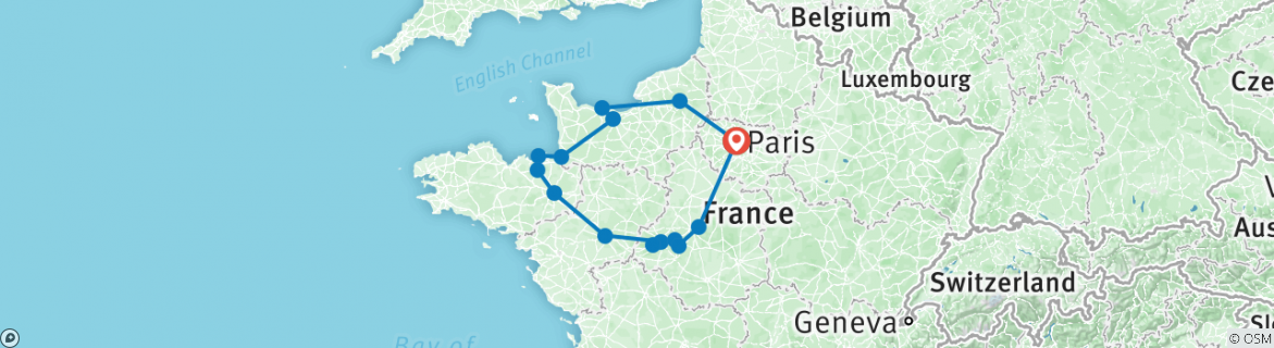 Image of a map showing the route of the tour
