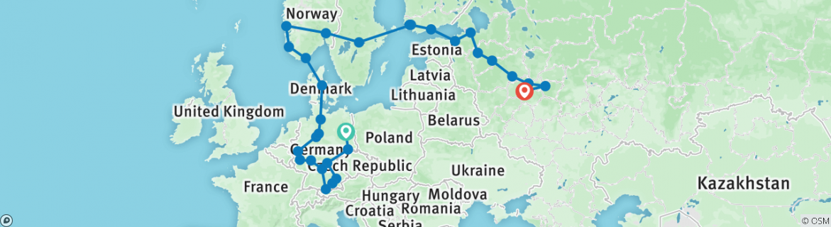 Image of a map showing the route of the tour