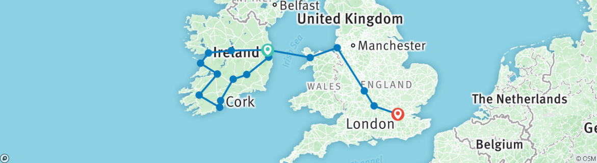 Image of a map showing the route of the tour