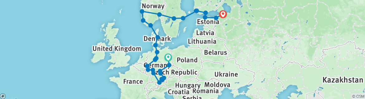 Image of a map showing the route of the tour