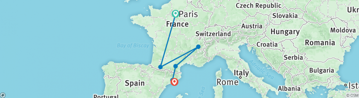 Image of a map showing the route of the tour