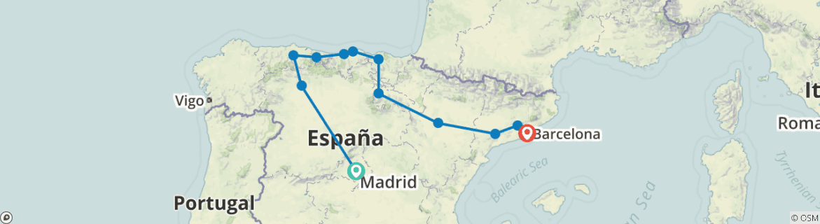 Image of a map showing the route of the tour