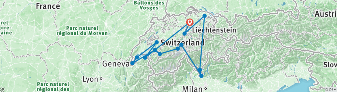 Image of a map showing the route of the tour