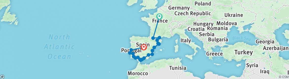 Image of a map showing the route of the tour
