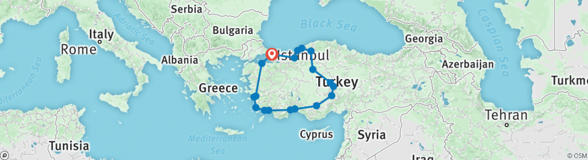 Image of a map showing the route of the tour