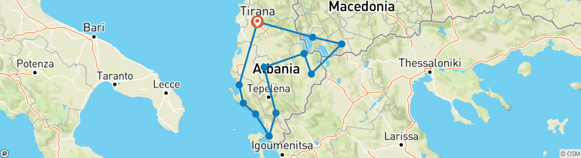 Image of a map showing the route of the tour