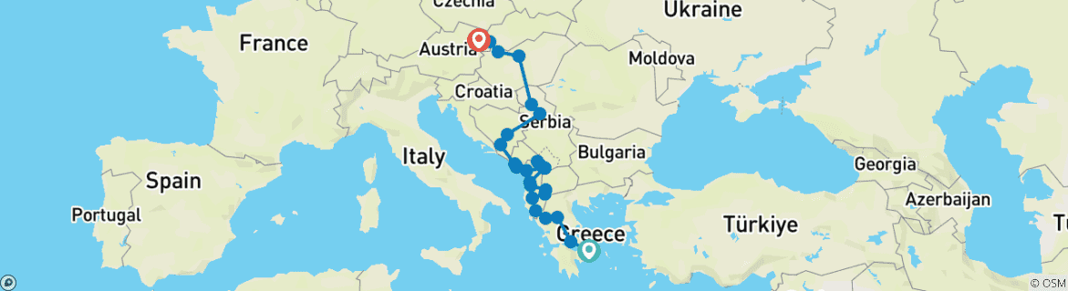 Mapa de De Atenas a Viena; Semi - Tour Privado con Guía y Coche Dedicados