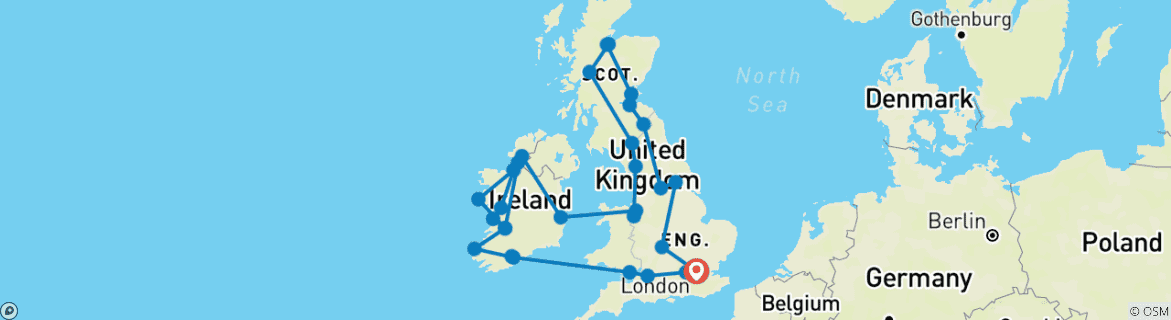 Image of a map showing the route of the tour