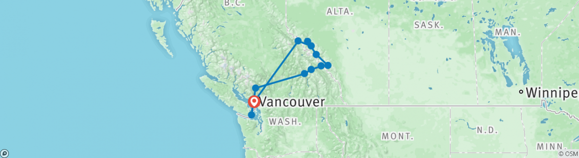 Image of a map showing the route of the tour