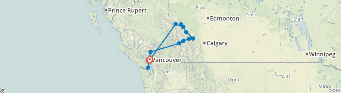 Image of a map showing the route of the tour