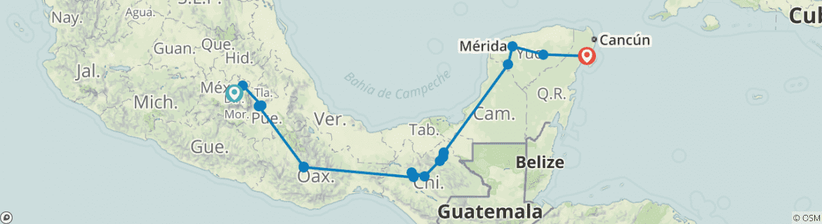 Image of a map showing the route of the tour