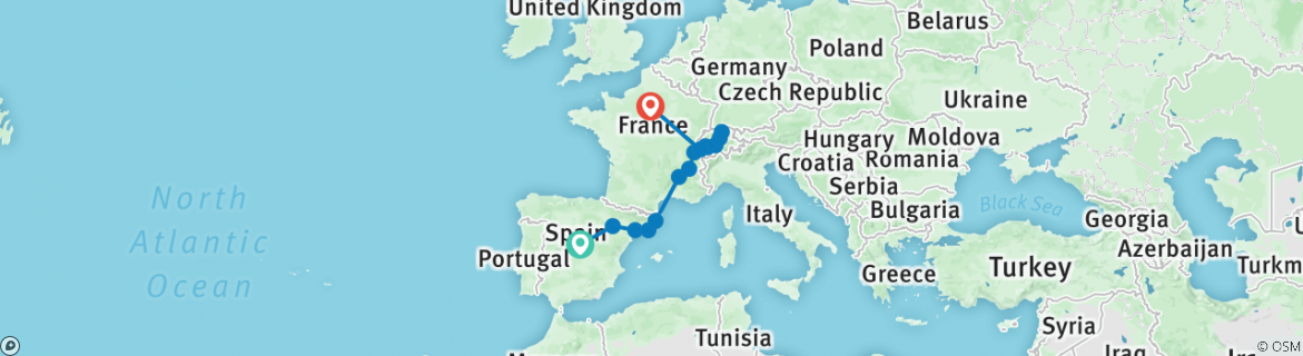 Image of a map showing the route of the tour