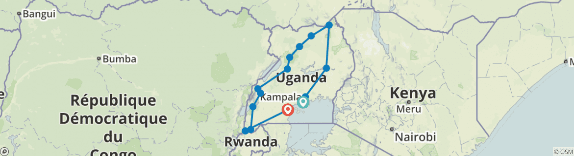 Image of a map showing the route of the tour