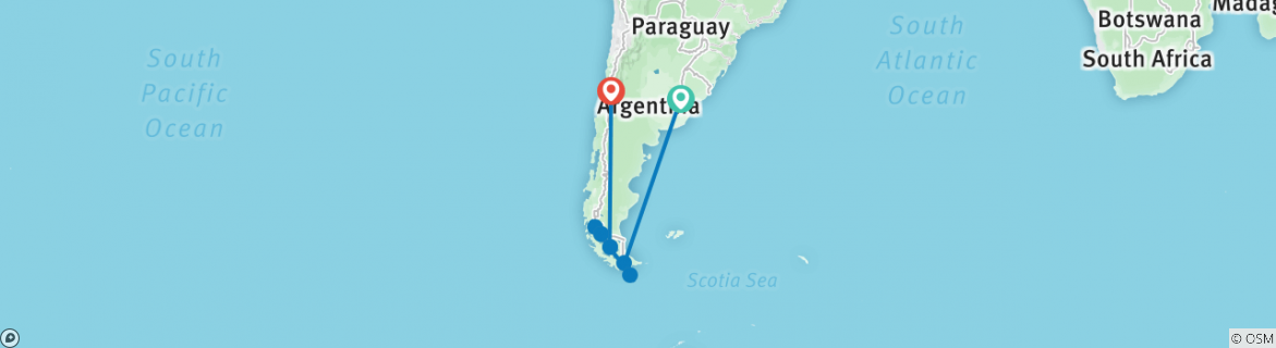 Image of a map showing the route of the tour