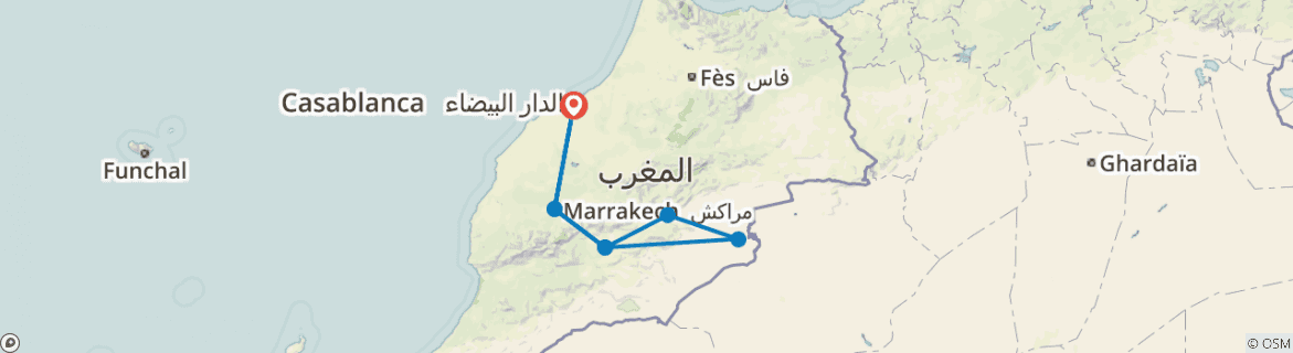 Image of a map showing the route of the tour