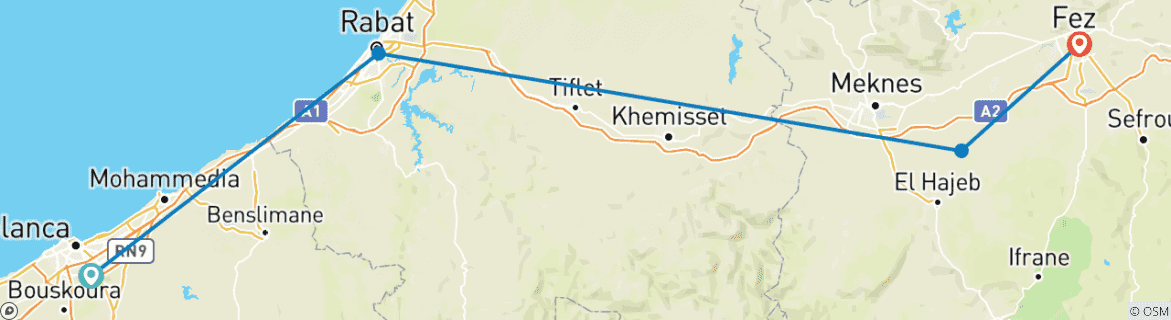 Image of a map showing the route of the tour