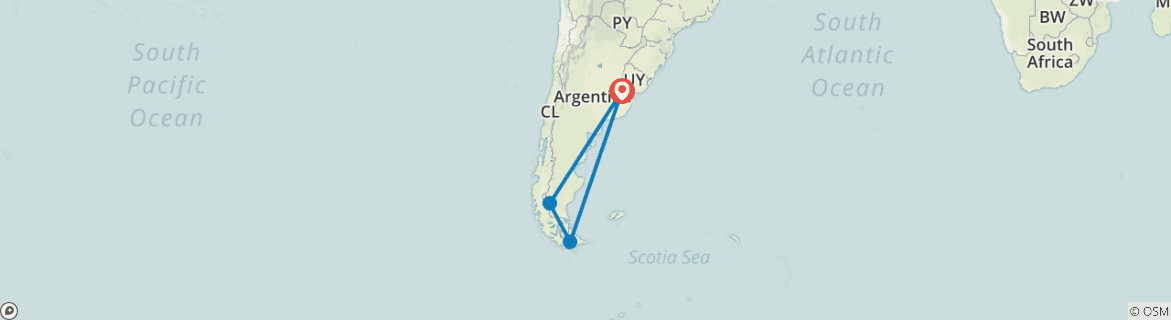 Image of a map showing the route of the tour
