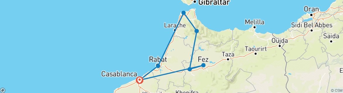 Image of a map showing the route of the tour