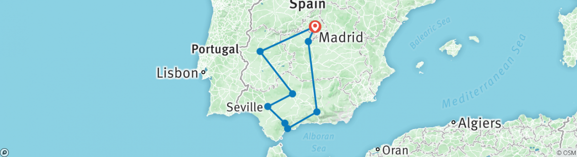 Image of a map showing the route of the tour