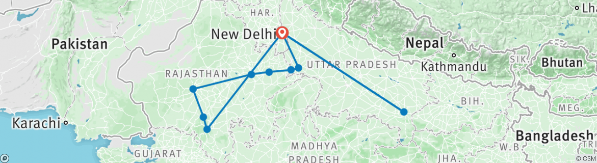 Image of a map showing the route of the tour