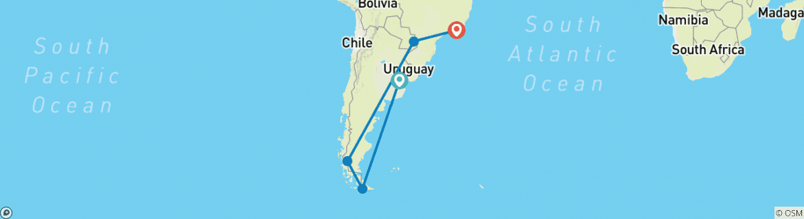 Image of a map showing the route of the tour