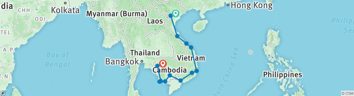 Image of a map showing the route of the tour