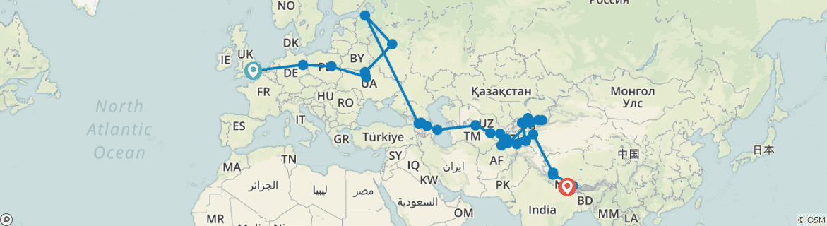 Image of a map showing the route of the tour