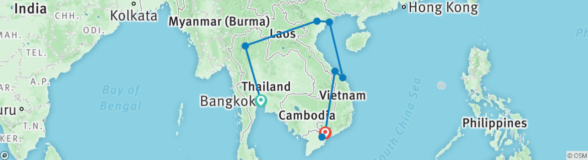 Image of a map showing the route of the tour