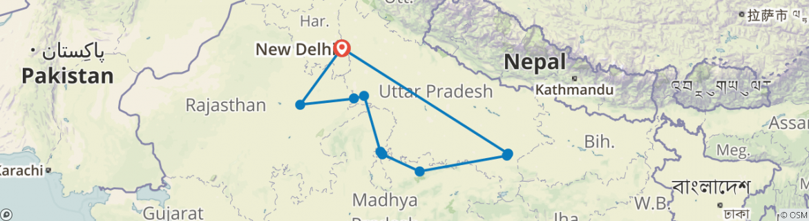 Image of a map showing the route of the tour