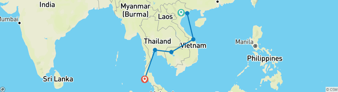 Carte du circuit Aperçu de l'Indochine en 14 jours (Vietnam, Cambodge, Thaïlande)