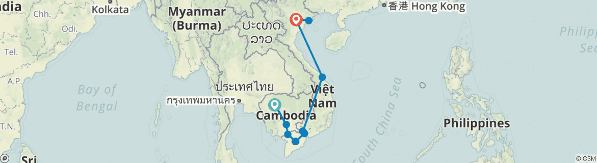 Image of a map showing the route of the tour