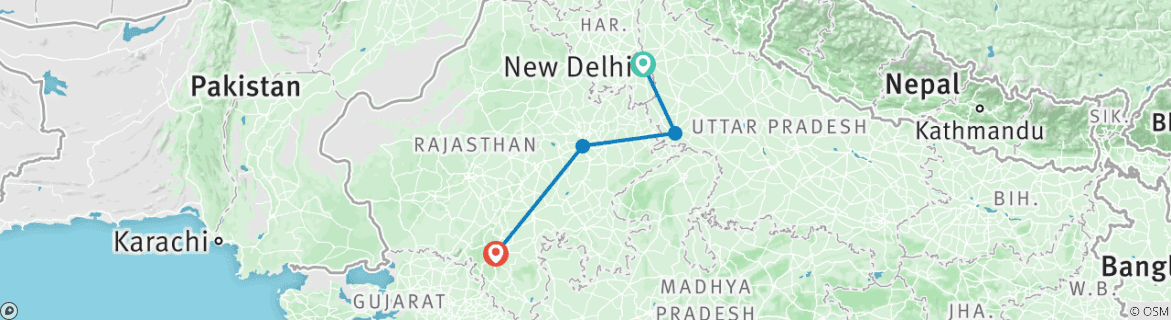 Image of a map showing the route of the tour