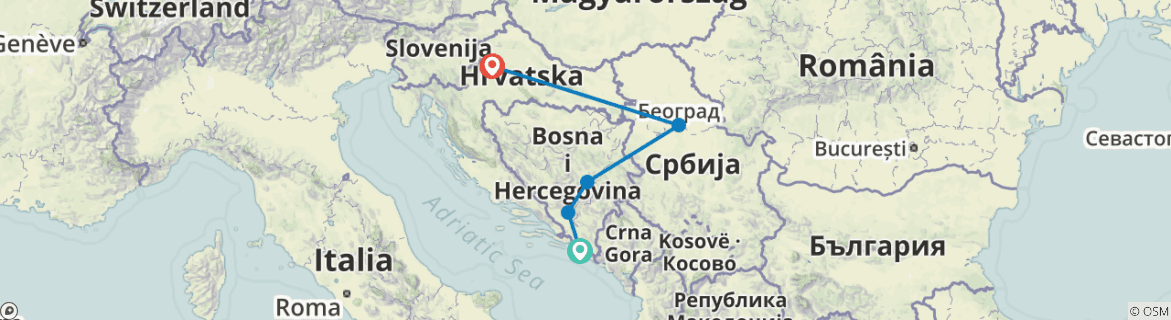 Image of a map showing the route of the tour