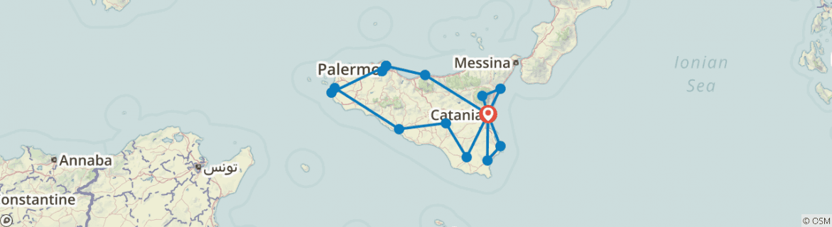 Image of a map showing the route of the tour