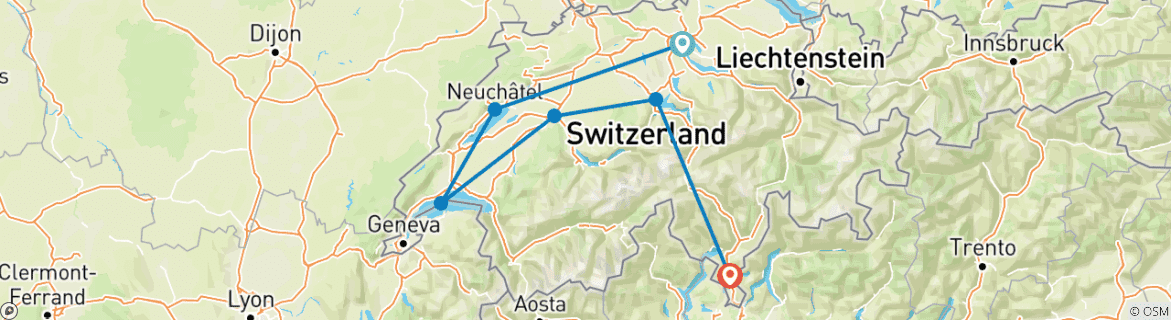 Image of a map showing the route of the tour