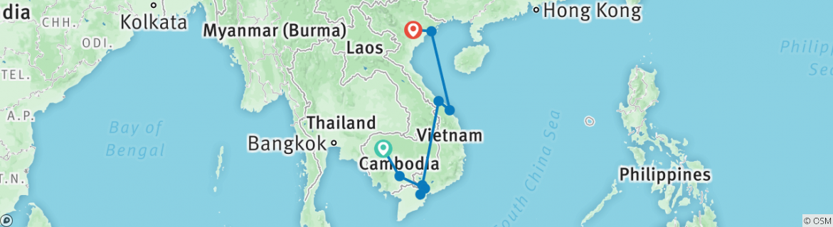 Image of a map showing the route of the tour