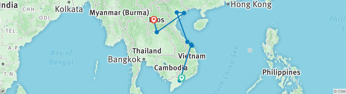 Image of a map showing the route of the tour