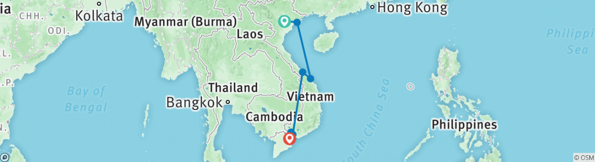 Image of a map showing the route of the tour