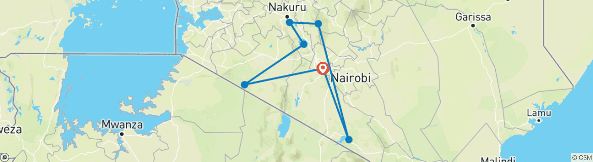 Carte du circuit 10 jours de safari au Kenya - Safari de migration des gnous 2025